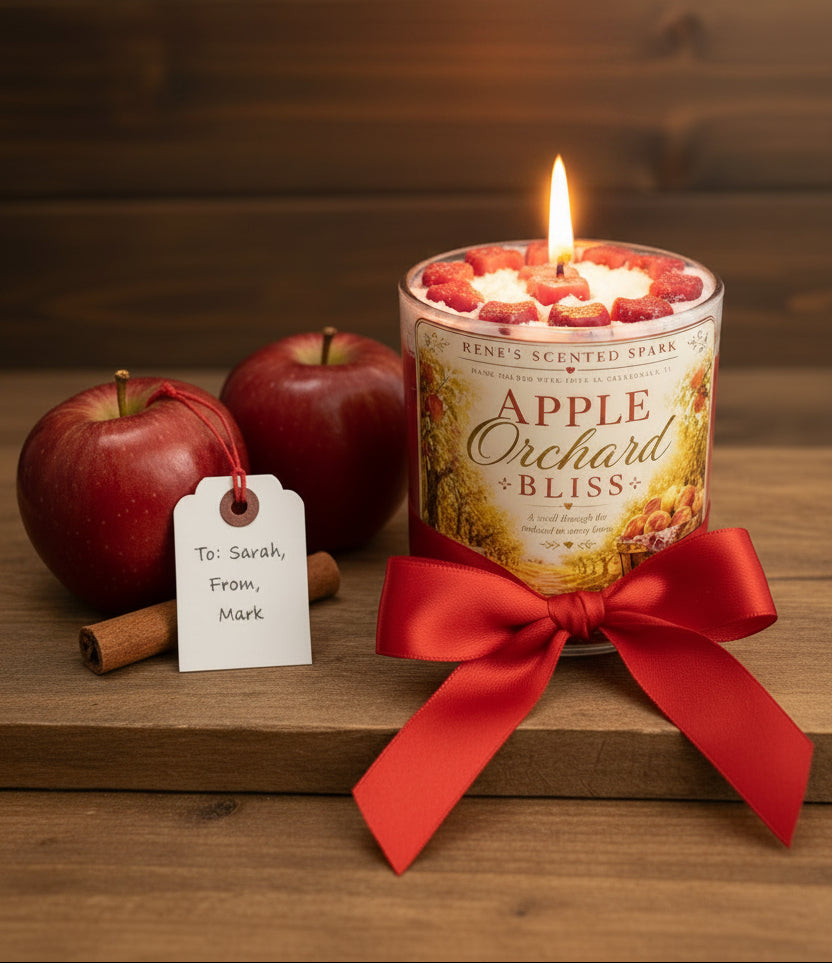 Candle labeled 'Apple Orchard Bliss' with red apples and a cinnamon stick on a wooden surface.
