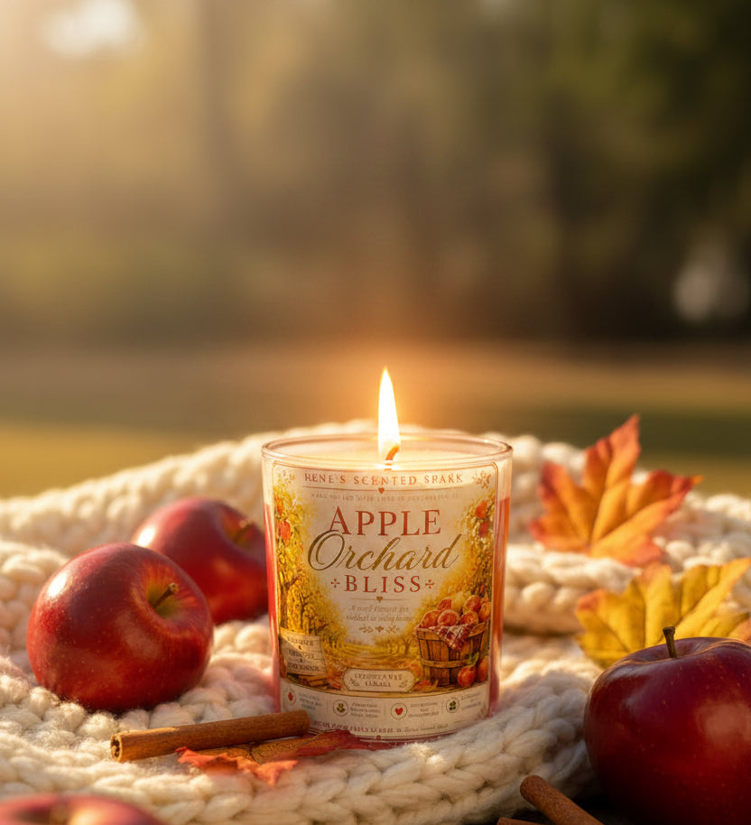 Candle labeled 'Apple Orchard Bliss' with apples and cinnamon sticks on a textured surface outdoors.