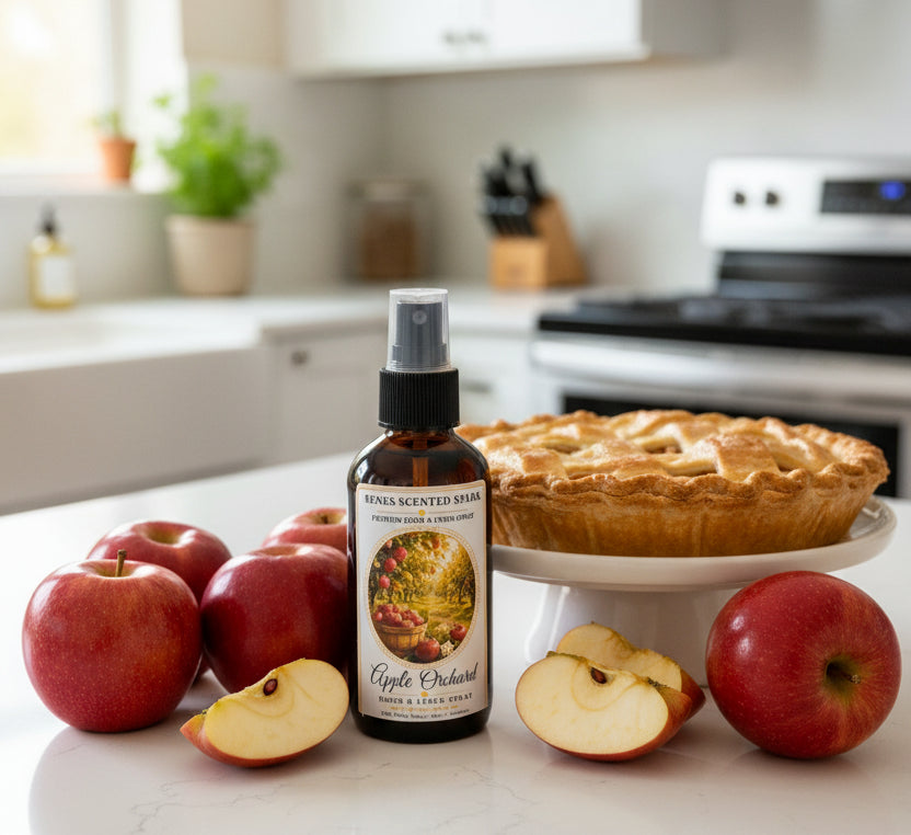 Apple Orchard Room & Linen Spray displayed beside a fresh homemade apple pie and crisp red apples in a bright kitchen. Handmade home fragrance spray crafted in Clearwater, Florida, inspired by the comforting scent of an autumn apple orchard.
