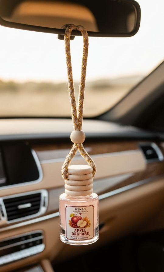 Apple Orchard car freshener by Renes Scented Spark in a hanging glass diffuser bottle, styled with a red apple and warm autumn decor.