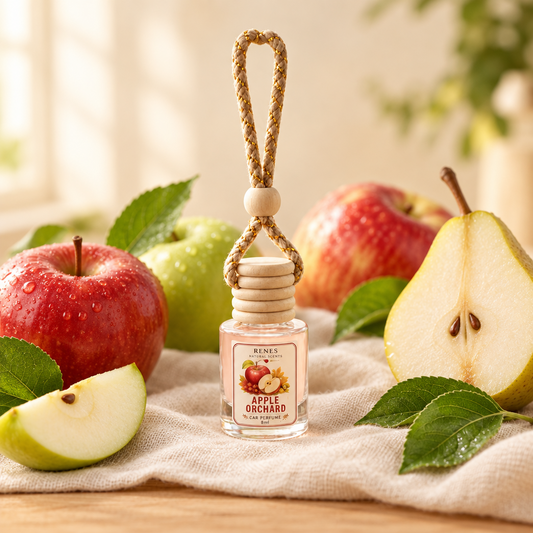 Apple Orchard car freshener by Renes Scented Spark in a hanging glass diffuser bottle, styled with a red apple and warm autumn decor.