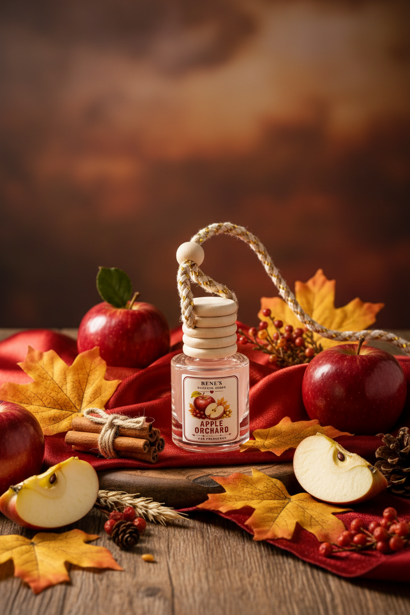 Apple Orchard hanging car freshener by Renes Scented Spark styled with red apples, cinnamon sticks, autumn leaves and warm fall decor.