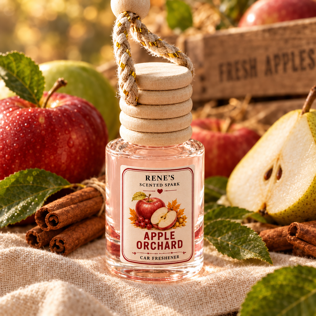 apple orchard fall car freshener in a glass bottle with apples, cinnamon and pear in the background. 