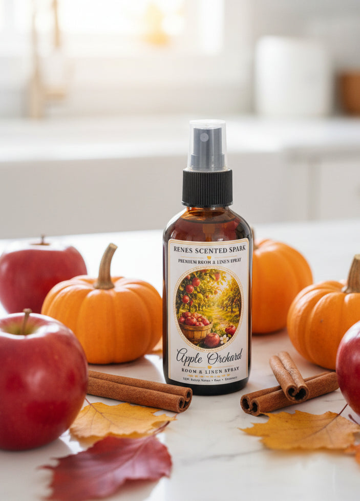 Apple Orchard Room & Linen Spray displayed in a bright bathroom with fresh apples and clean towels. Handmade home fragrance spray crafted in Clearwater, Florida, perfect for refreshing bathrooms, linens, guest rooms, and everyday living spaces.