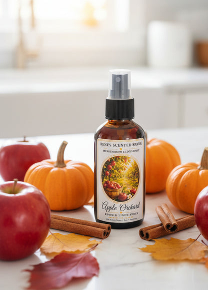 Apple Orchard Room & Linen Spray displayed in a bright bathroom with fresh apples and clean towels. Handmade home fragrance spray crafted in Clearwater, Florida, perfect for refreshing bathrooms, linens, guest rooms, and everyday living spaces.