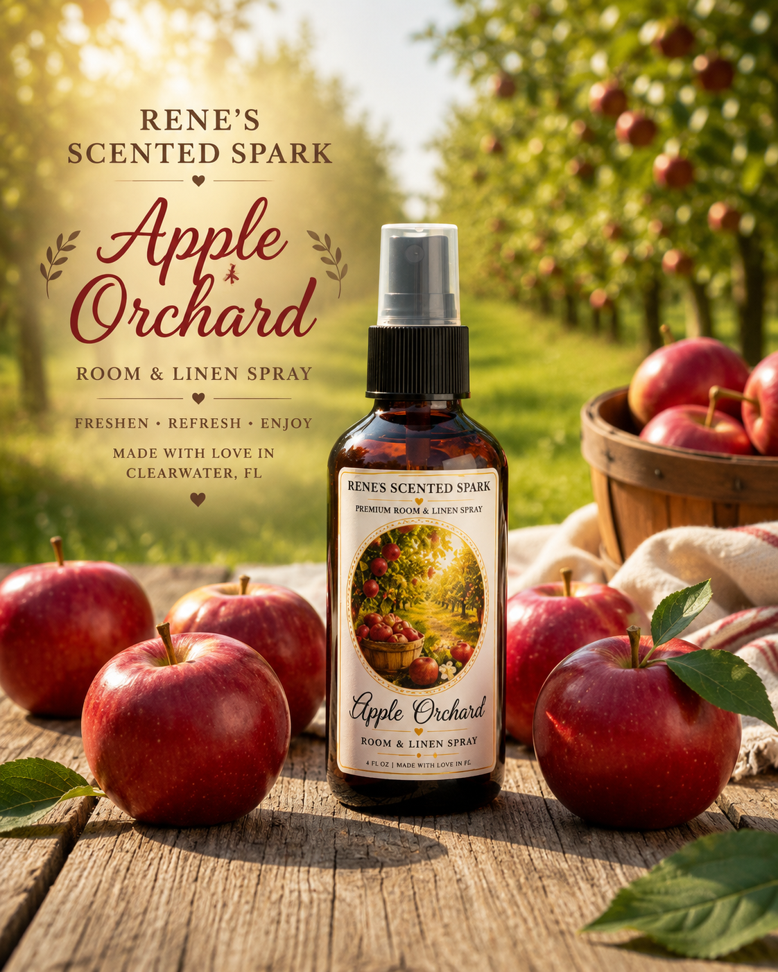 Apple Orchard Room & Linen Spray displayed in a sunlit apple orchard with fresh red apples. Handmade home fragrance spray crafted in Clearwater, Florida, perfect for adding a warm, crisp apple scent to your home, linens, and fabrics.