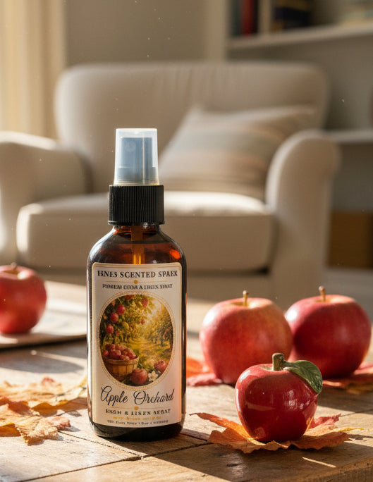 Apple Orchard Room & Linen Spray displayed with fresh red apples and autumn leaves in a cozy living room. Handmade home fragrance spray crafted in Clearwater, Florida, bringing the crisp scent of freshly picked apples to your home and linens.