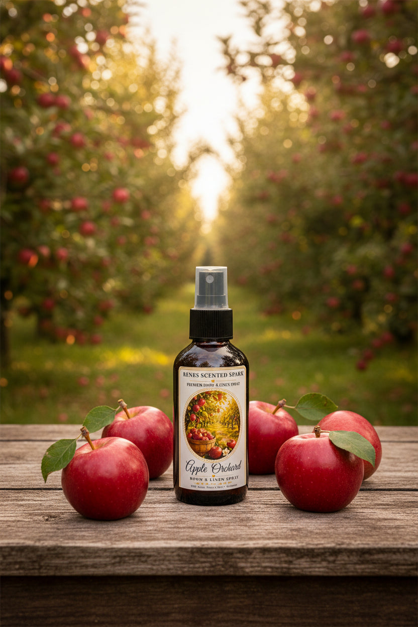 Apple Orchard Room & Linen Spray displayed in a sunlit apple orchard surrounded by fresh red apples. Handmade home fragrance spray crafted in Clearwater, Florida, inspired by the crisp, sweet scent of freshly picked apples and autumn orchard strolls.
