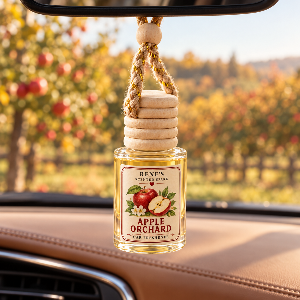 Apple Orchard car freshener by Renes Scented Spark in a hanging glass diffuser bottle, styled with a red apple and warm autumn decor.
