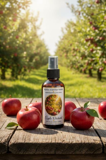 Apple Orchard Room & Linen Spray displayed in a sunlit apple orchard surrounded by fresh red apples. Handmade home fragrance spray crafted in Clearwater, Florida, bringing the crisp scent of freshly picked apples to your home and linens.