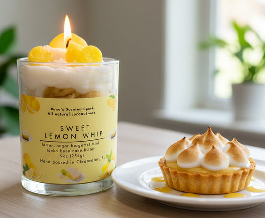 Sweet Lemon Whip candle glowing on a kitchen counter beside a  lemon pie