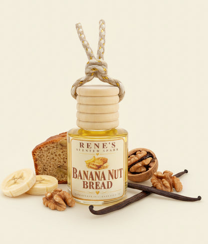 Banana Nut Bread hanging car air freshener by Rene’s Scented Spark displayed with banana bread, sliced banana, walnuts, and vanilla beans against a clean cream background. 🍌🍞🤎