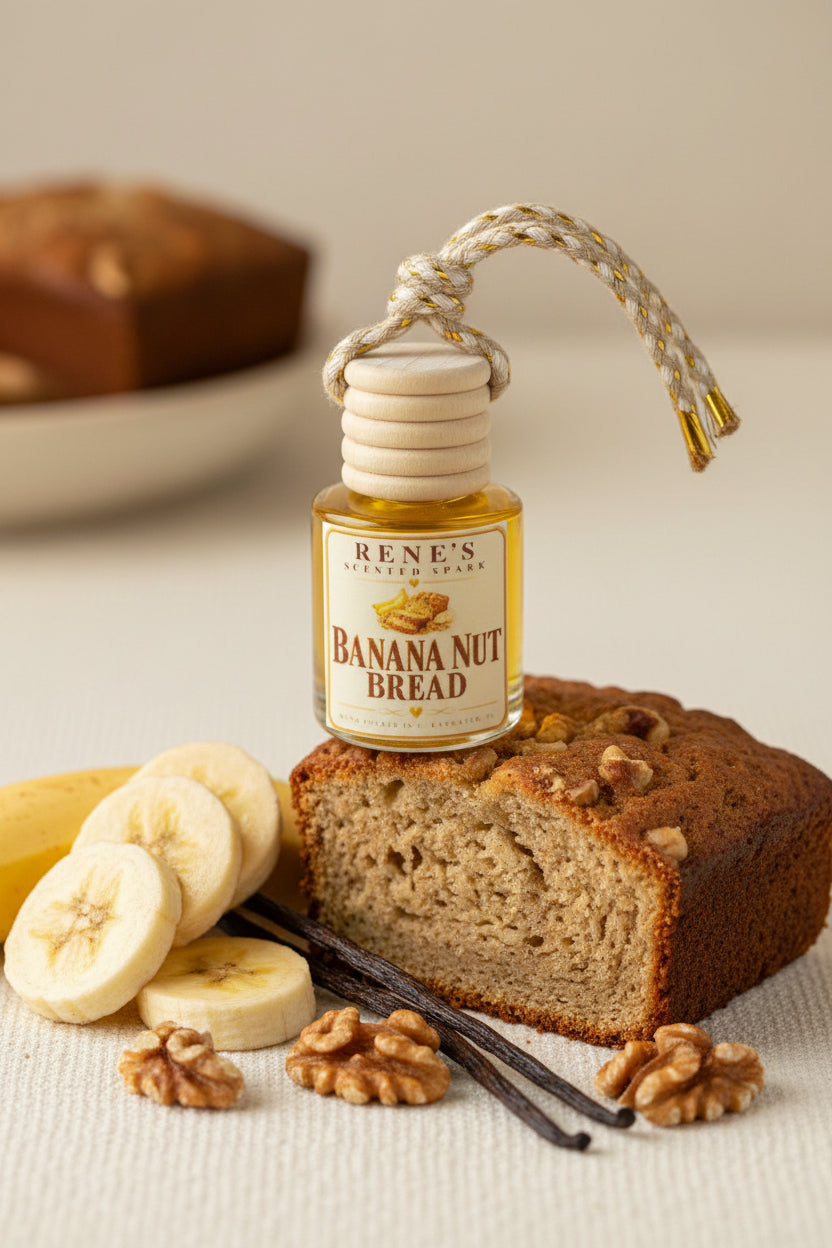 Banana Nut Bread hanging car air freshener by Rene’s Scented Spark displayed with freshly baked banana bread, sliced bananas, walnuts, and vanilla beans in a warm neutral setting.
