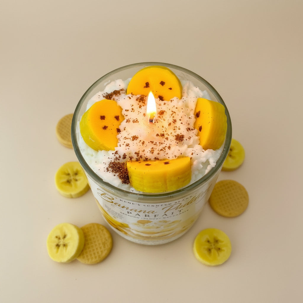 Glass candle with banana slices and wafers on a beige background