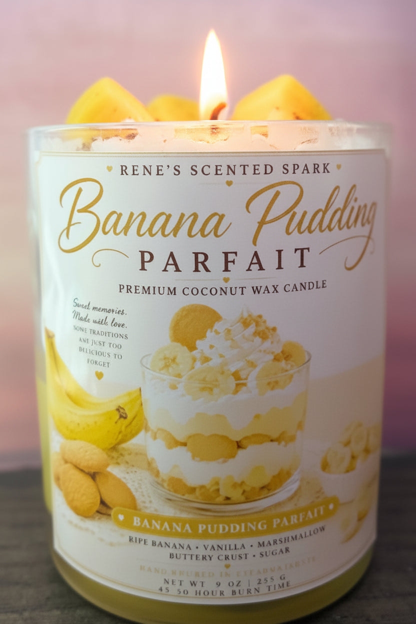 Banana pudding parfait candle with a label on a neutral background