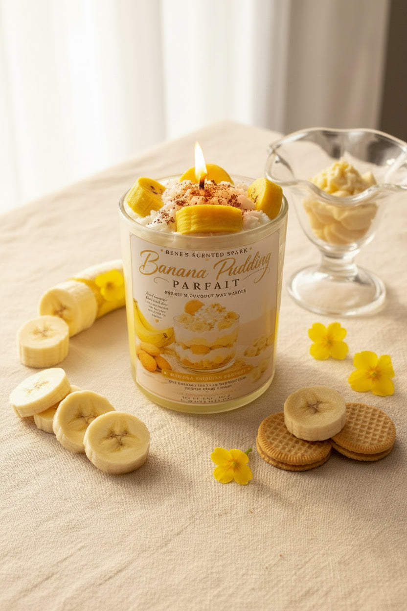 Banana pudding parfait candle with banana slices and cookies on a light surface