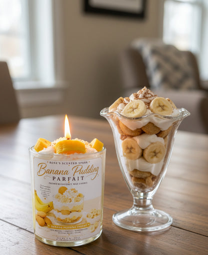 Banana pudding candle and parfait on a wooden table