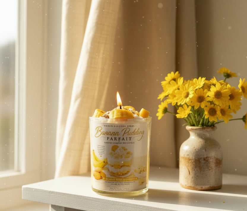 Banana pudding candle with a vase of yellow flowers on a windowsill