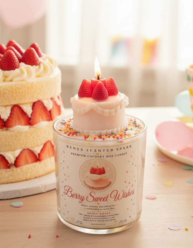 Berry Sweet Wishes coconut wax candle with a lit strawberry cake topper, displayed beside a layered strawberry and cream birthday cake with pastel party decorations.