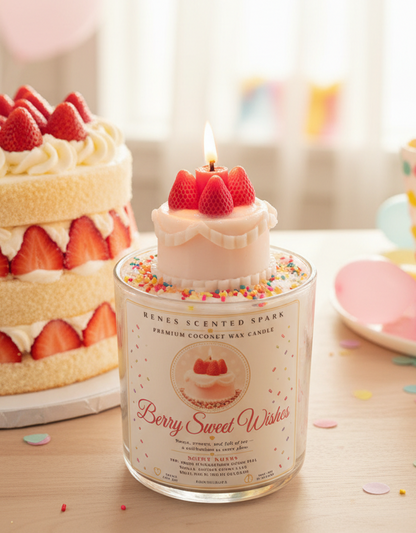 Berry Sweet Wishes coconut wax candle with a lit strawberry cake topper, displayed beside a layered strawberry and cream birthday cake with pastel party decorations.