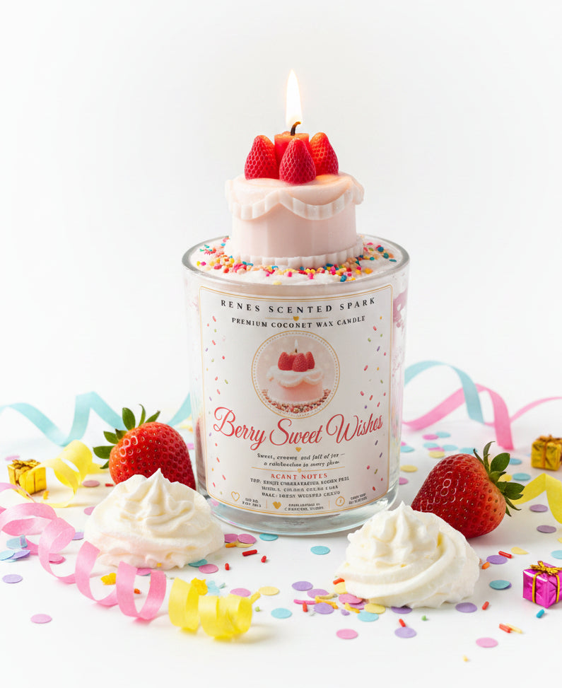 Berry Sweet Wishes coconut wax candle with a pink strawberry cake topper and lit wick, styled with fresh strawberries, whipped cream, colorful confetti, and pastel party ribbons.