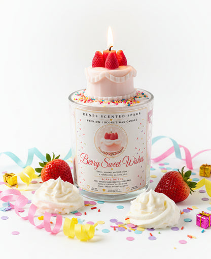 Berry Sweet Wishes coconut wax candle with a pink strawberry cake topper and lit wick, styled with fresh strawberries, whipped cream, colorful confetti, and pastel party ribbons.