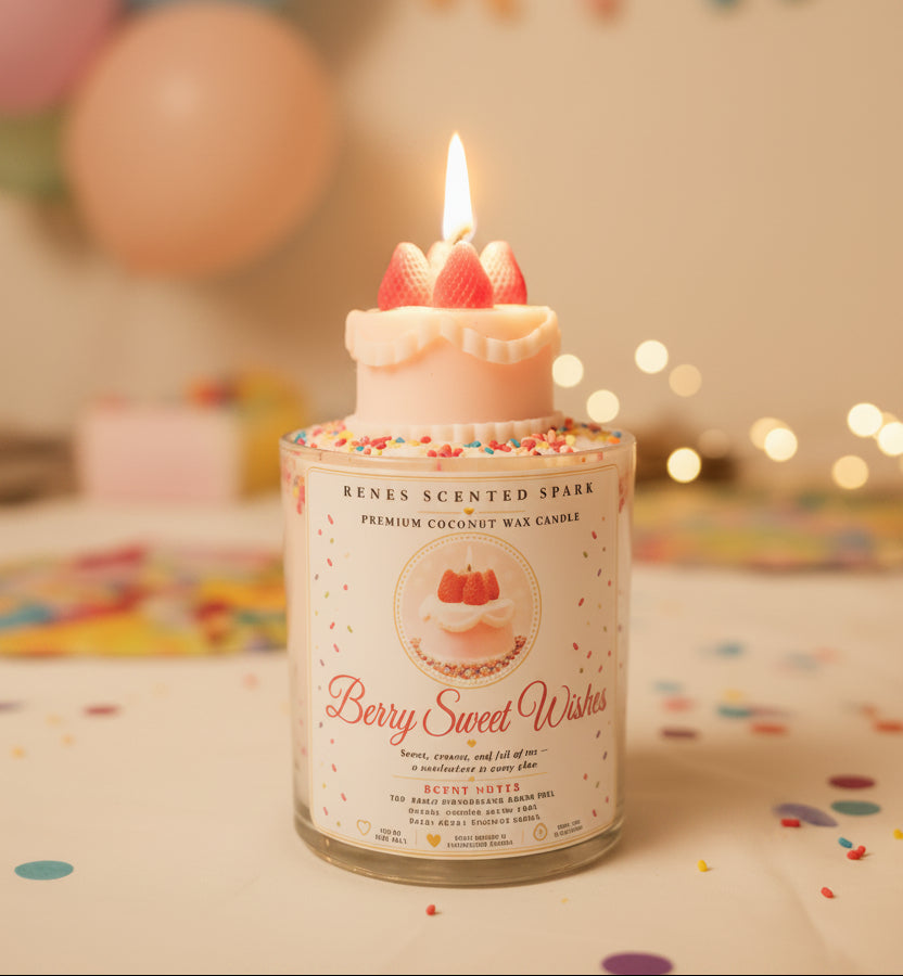 Berry Sweet Wishes coconut wax candle with a lit pink strawberry cake topper, surrounded by colorful confetti, pastel balloons, and warm glowing party lights.