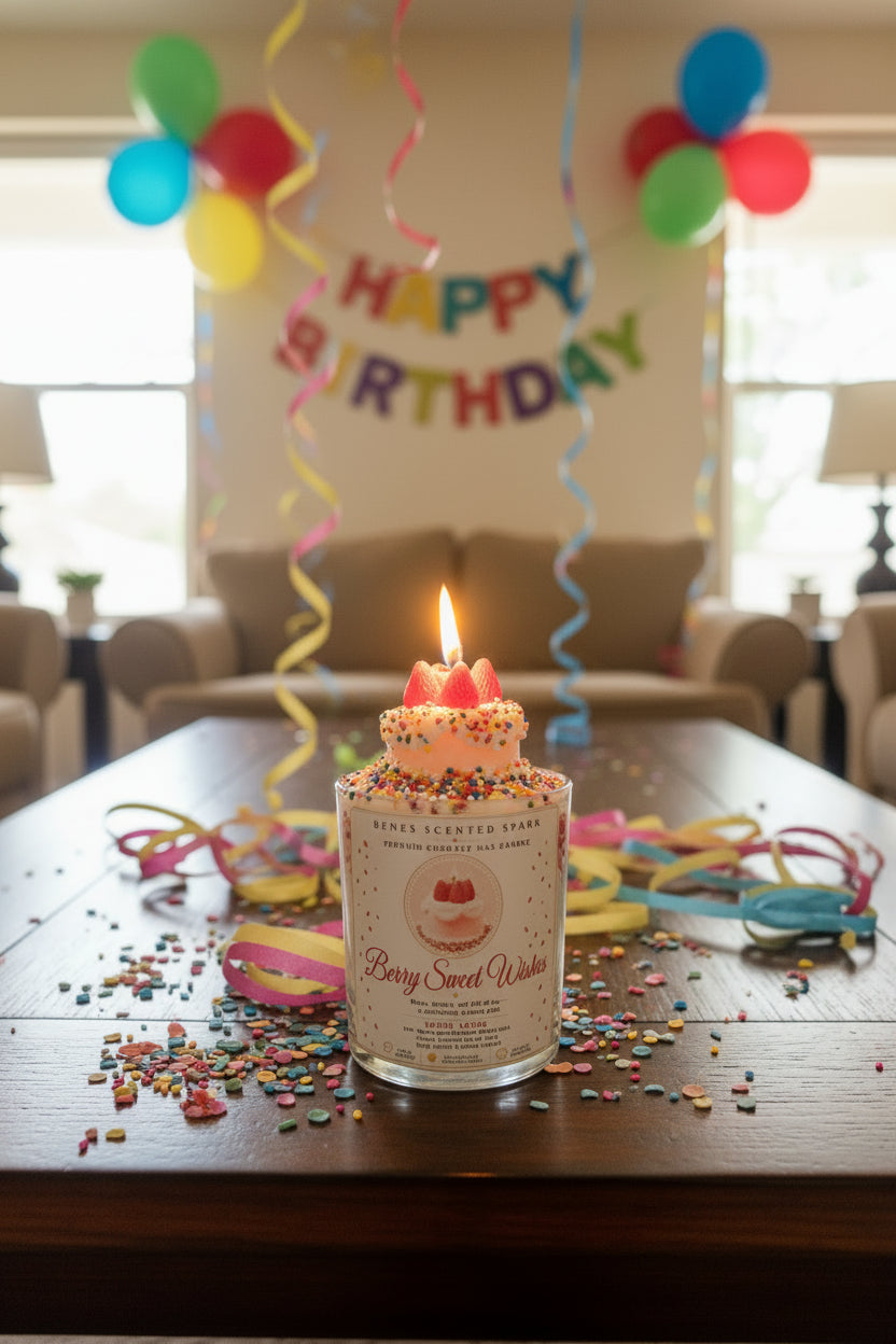 Berry Sweet Wishes coconut wax candle with a lit strawberry cake topper, surrounded by colorful confetti, curling ribbons, balloons, and a Happy Birthday banner.