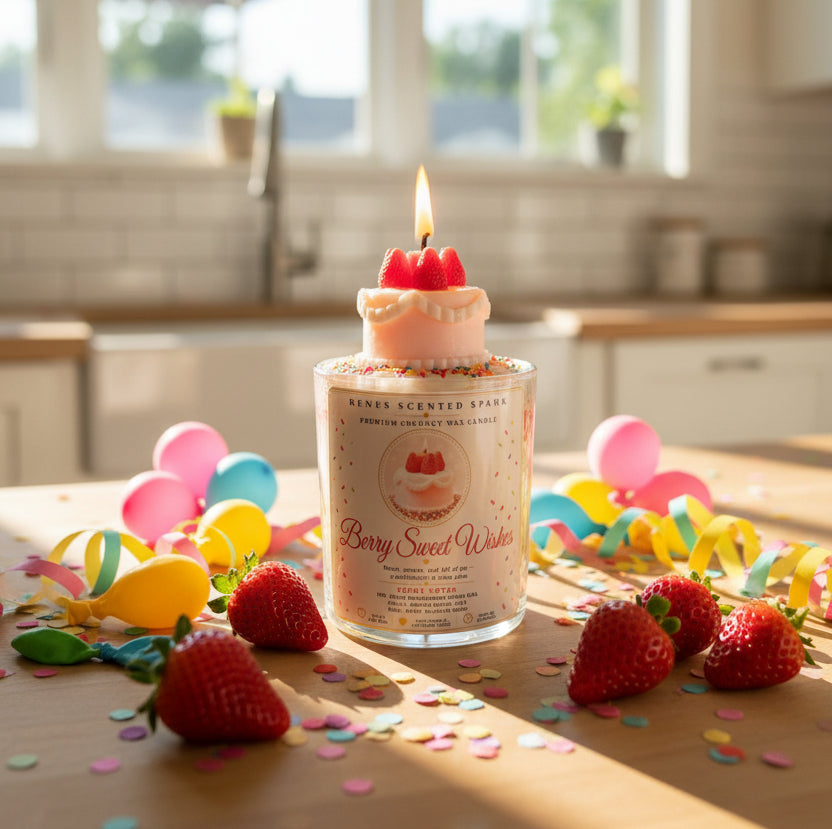 Berry Sweet Wishes coconut wax candle with a lit strawberry cake topper, surrounded by fresh strawberries, colorful balloons, curling party ribbons, and birthday confetti.