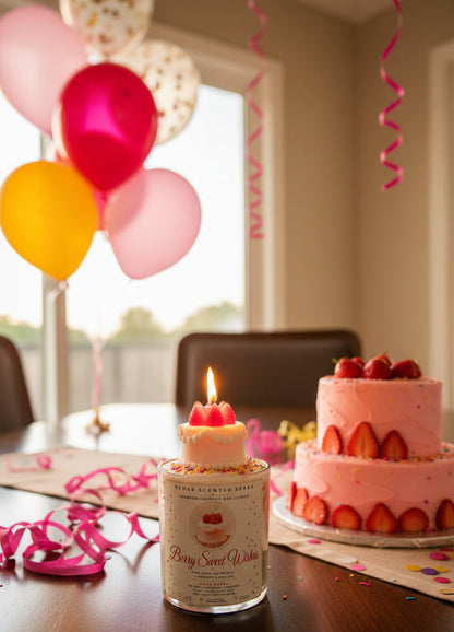 Berry Sweet Wishes coconut wax candle with a lit strawberry cake topper, displayed beside a pink strawberry birthday cake with colorful balloons, curling ribbons, and confetti.