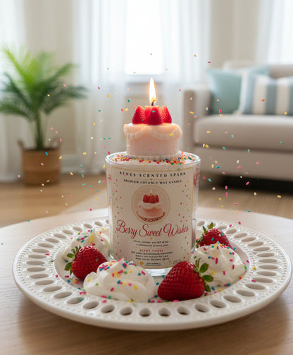 Berry Sweet Wishes coconut wax candle with a lit strawberry cake topper, styled with fresh strawberries, whipped cream, colorful sprinkles, and festive confetti.