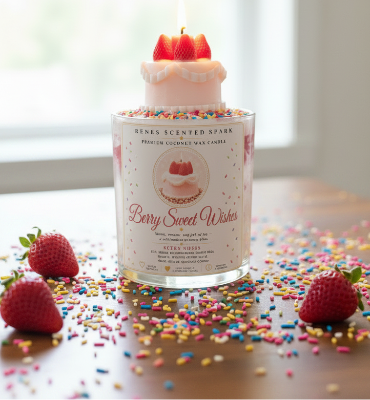 Berry Sweet Wishes coconut wax candle with a lit pink strawberry cake topper, surrounded by fresh strawberries and colorful birthday sprinkles.