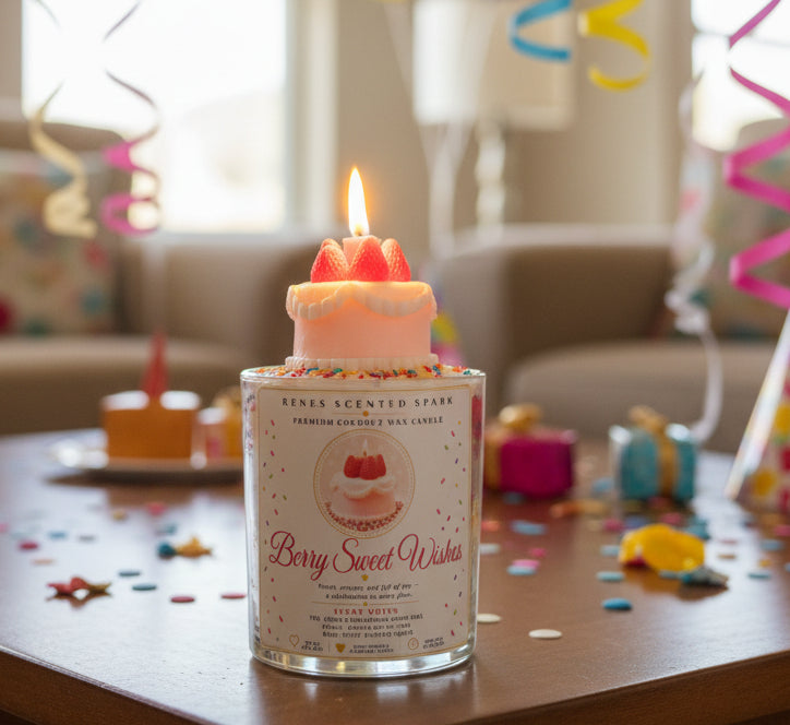 Berry Sweet Wishes coconut wax candle with a lit strawberry cake topper, styled with colorful confetti, curling party streamers, small wrapped gifts, and birthday decorations.