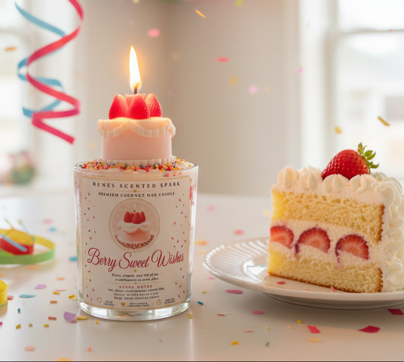 Berry Sweet Wishes coconut wax candle with a lit strawberry cake topper, displayed beside a slice of strawberry cream cake with colorful confetti and party streamers.
