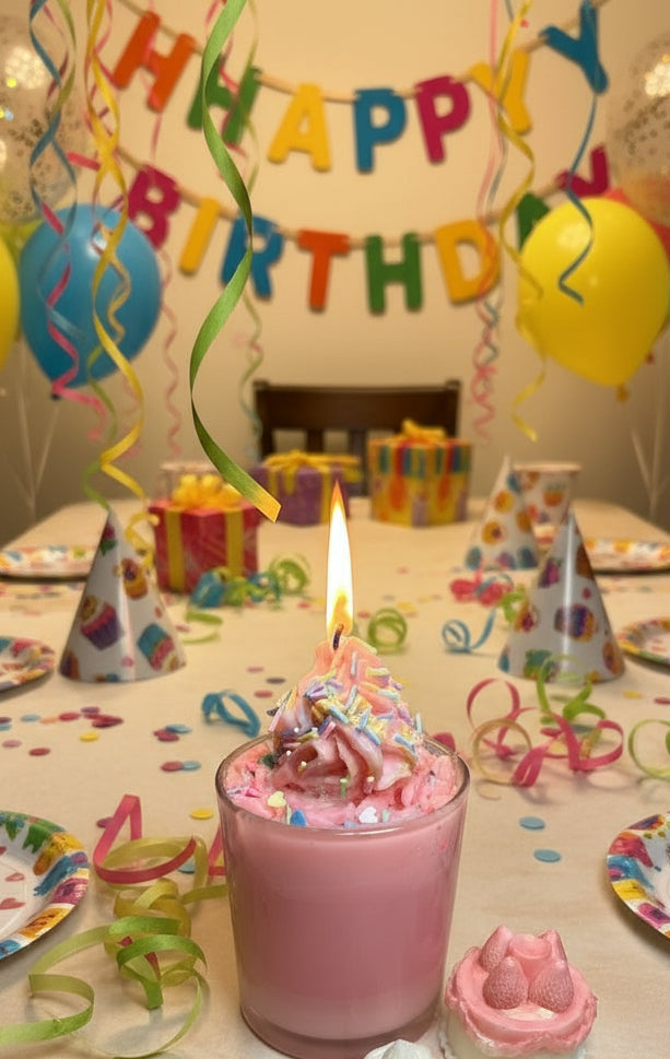 Happy Birthday candle made with coconut wax, topped with pink swirl and colorful sprinkles.