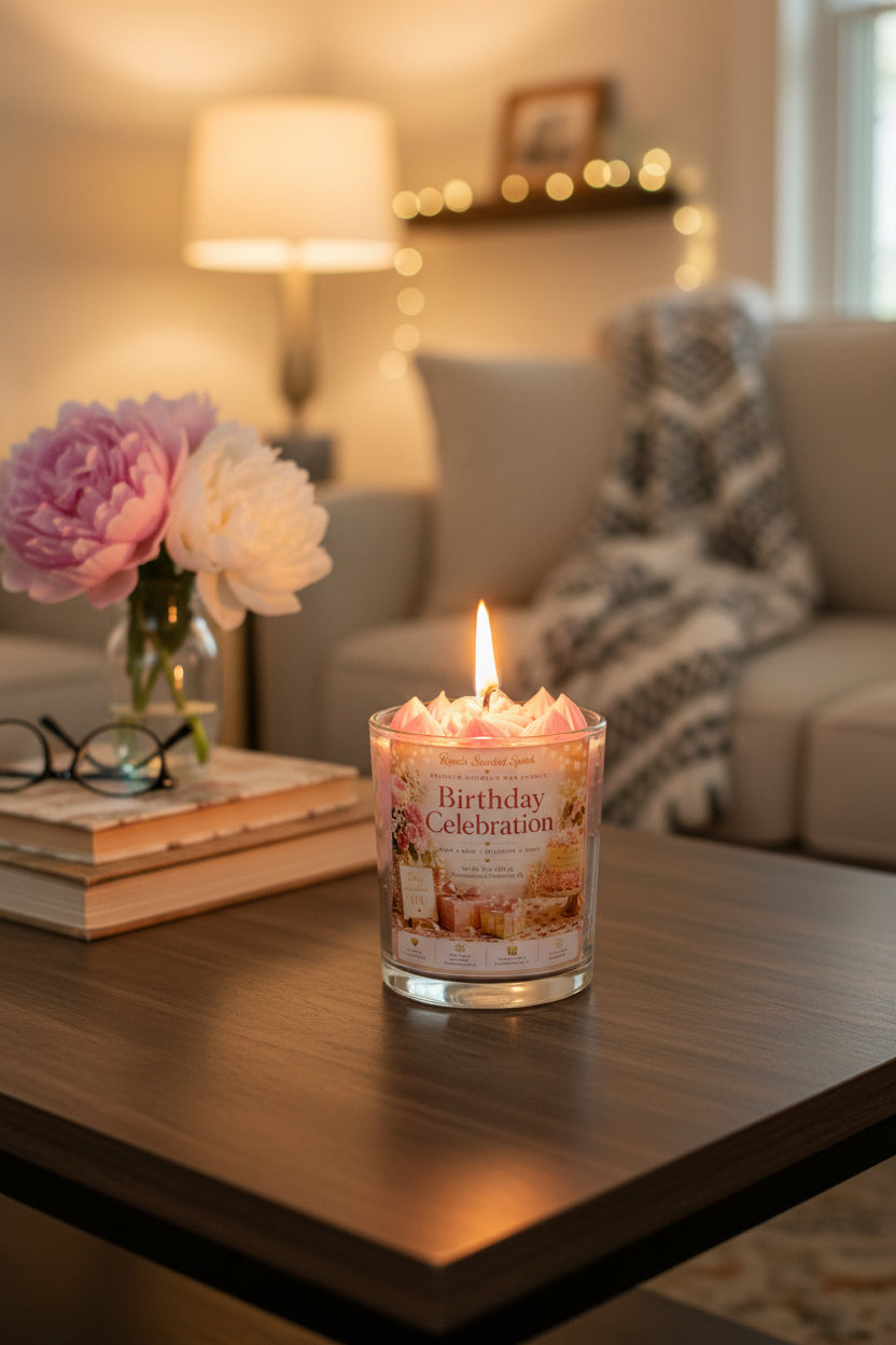 Birthday Celebration candle burning on a wooden table in a cozy living room, creating a warm and relaxing birthday atmosphere.