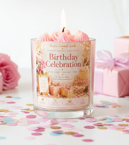 Birthday Celebration coconut wax candle with pink whipped wax topping, elegant birthday label, confetti, and gift boxes on a soft pink background.