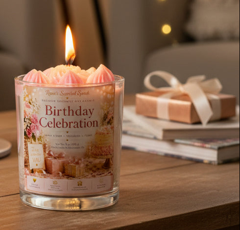 Birthday Celebration coconut wax candle with elegant birthday label displayed beside wrapped gifts in a warm home setting.
