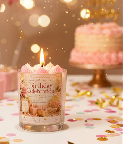 Birthday Celebration candle with luxury birthday label displayed beside a pink birthday cake and scattered confetti in warm golden lighting.