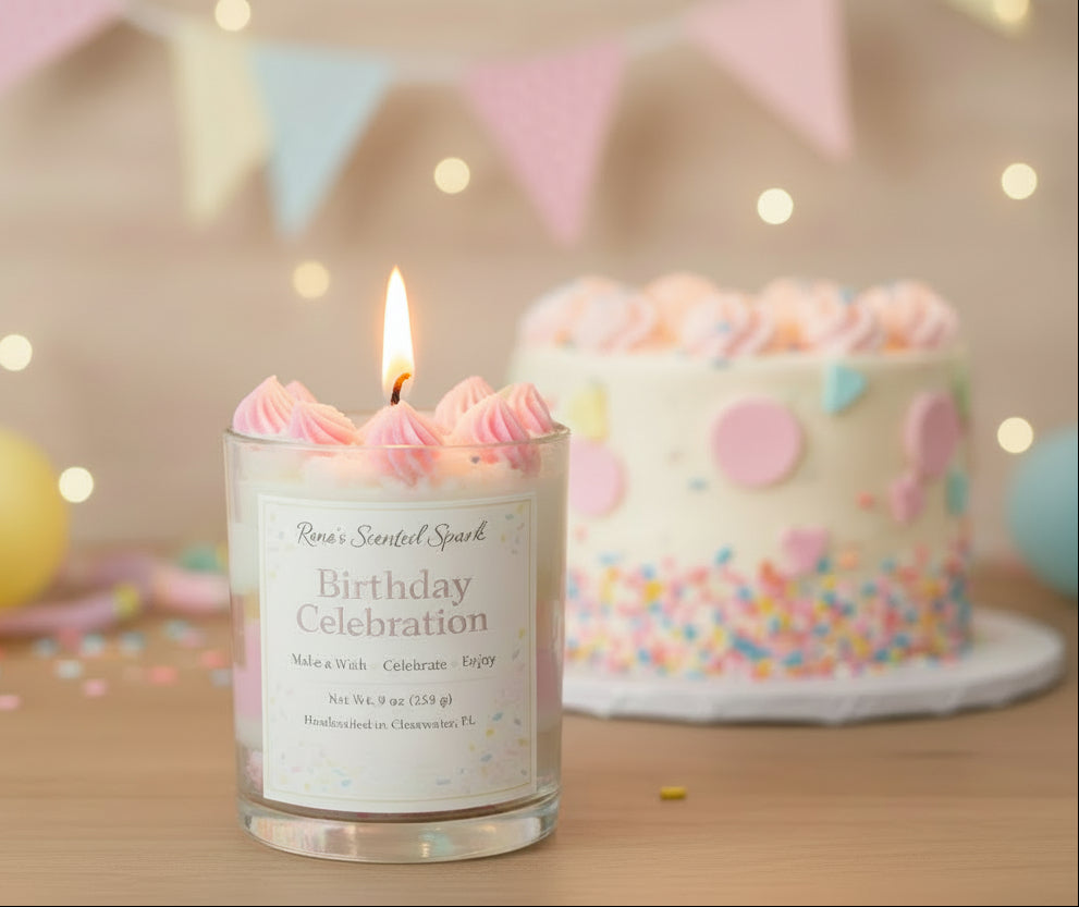 Candle with pink frosting and colorful sprinkles in a glass jar labeled 'Birthday Celebration' by 'Rene's Scented Spark'.