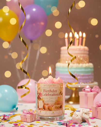 Birthday Celebration candle surrounded by colorful balloons and birthday decorations, featuring an elegant pink celebration label and whipped wax topping.