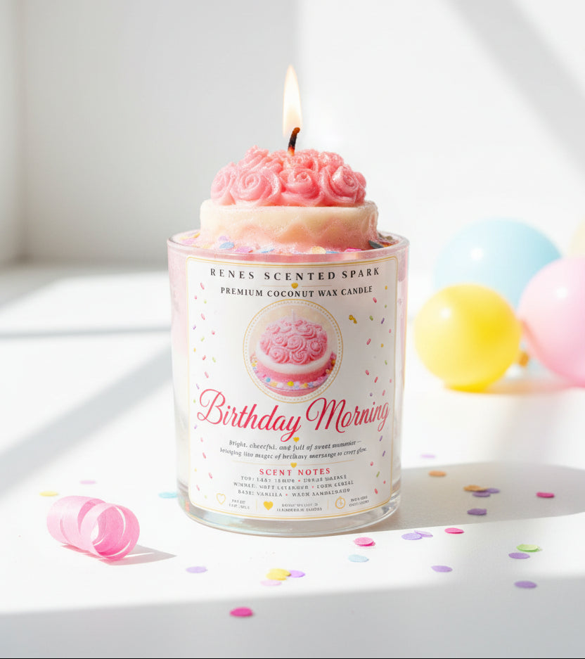 Hand-poured Birthday Morning coconut wax candle with a pink rose cake topper and lit wick, displayed with pastel balloons and colorful birthday confetti.