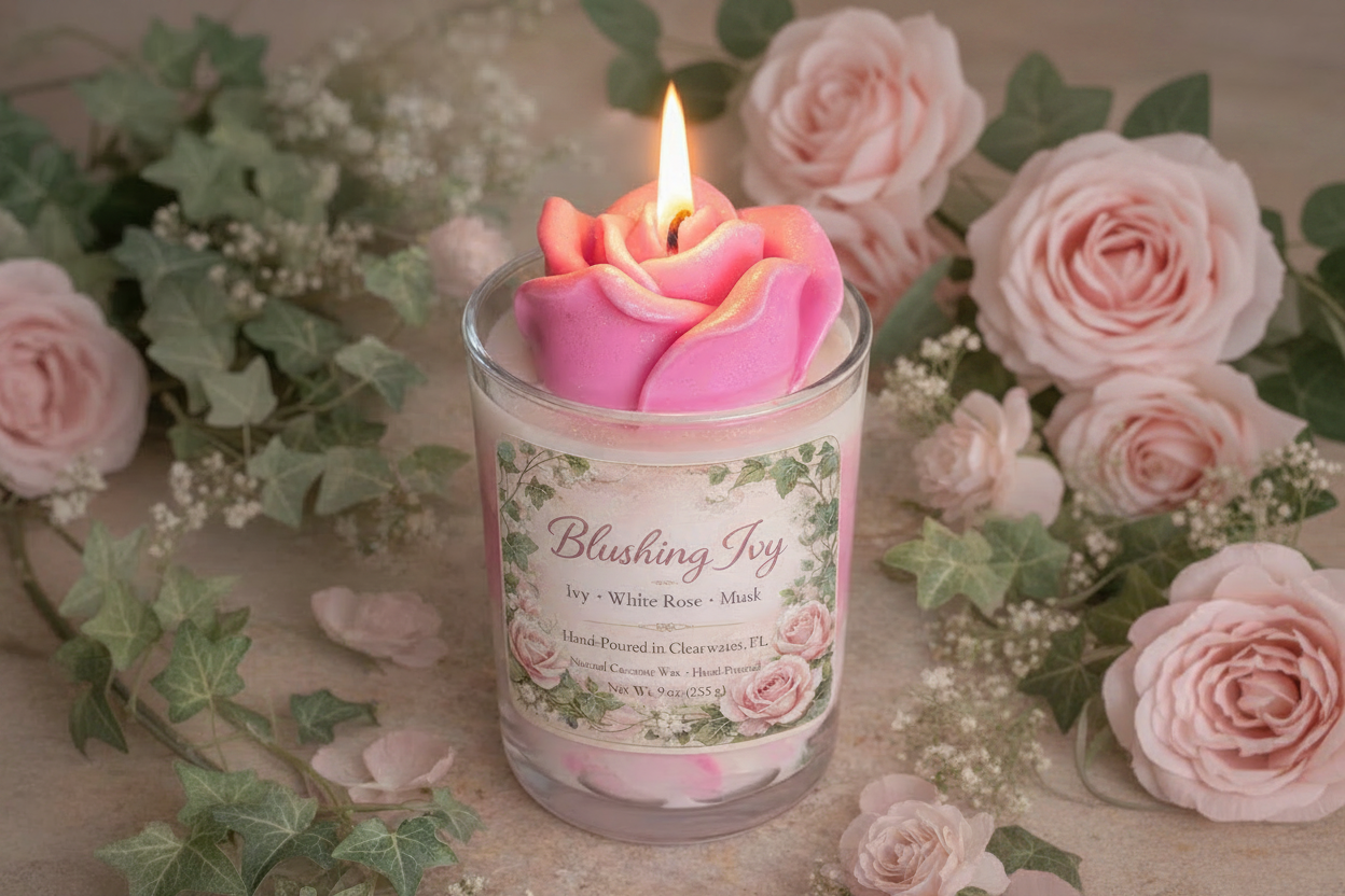 Floral rose candle with pink wax rose top, Blushing Ivy scented candle with ivy, white rose, and musk in romantic setting