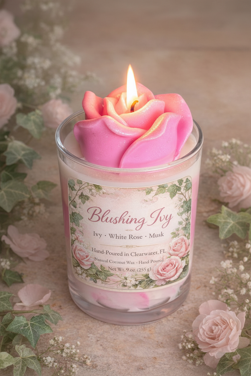 Floral rose candle with pink wax rose top, Blushing Ivy scented candle with ivy, white rose, and musk in romantic setting
