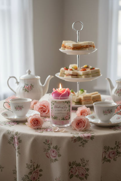 Lit Blushing Ivy coconut wax candle by Rene's Scented Spark with a pink rose wax topper, displayed on a floral tea table with vintage teacups, fresh roses, and an elegant afternoon tea stand.
