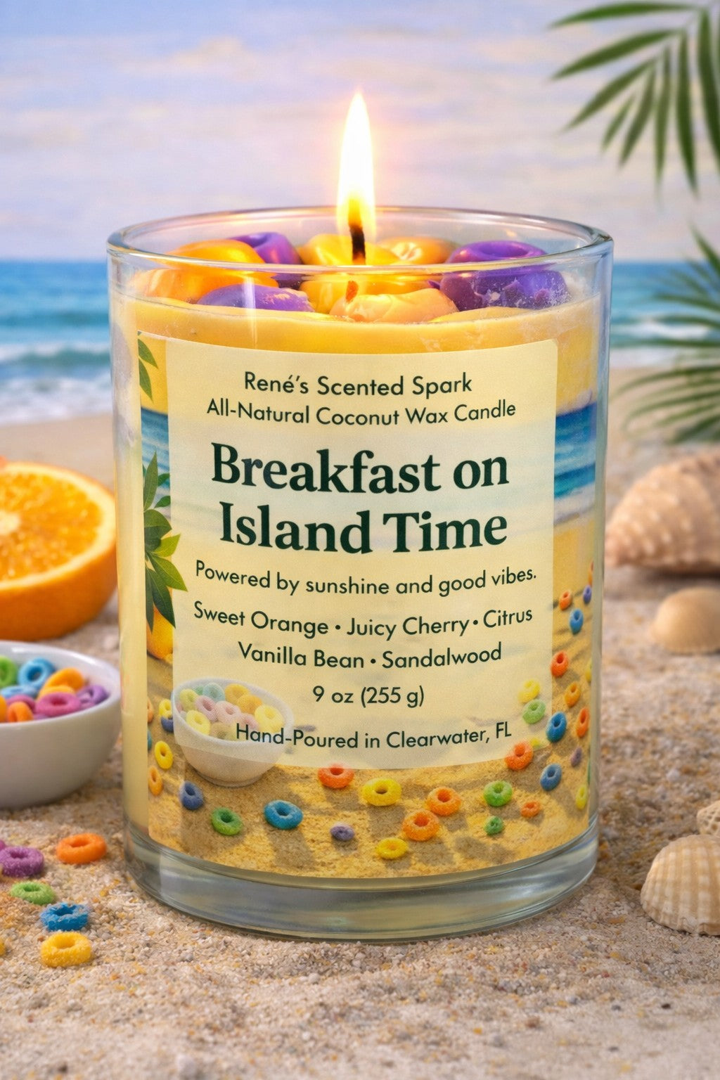 Lit Breakfast on Island Time coconut wax candle in a glass jar with colorful cereal-style wax embeds and tropical beach label