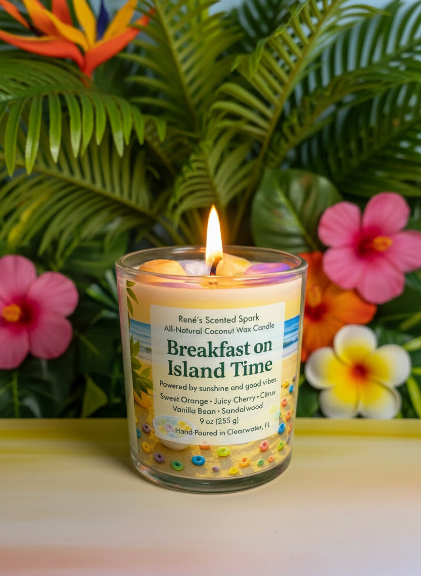 Breakfast on Island Time coconut wax candle with tropical label, lit wick, and colorful fruit-inspired details against a palm leaf background.