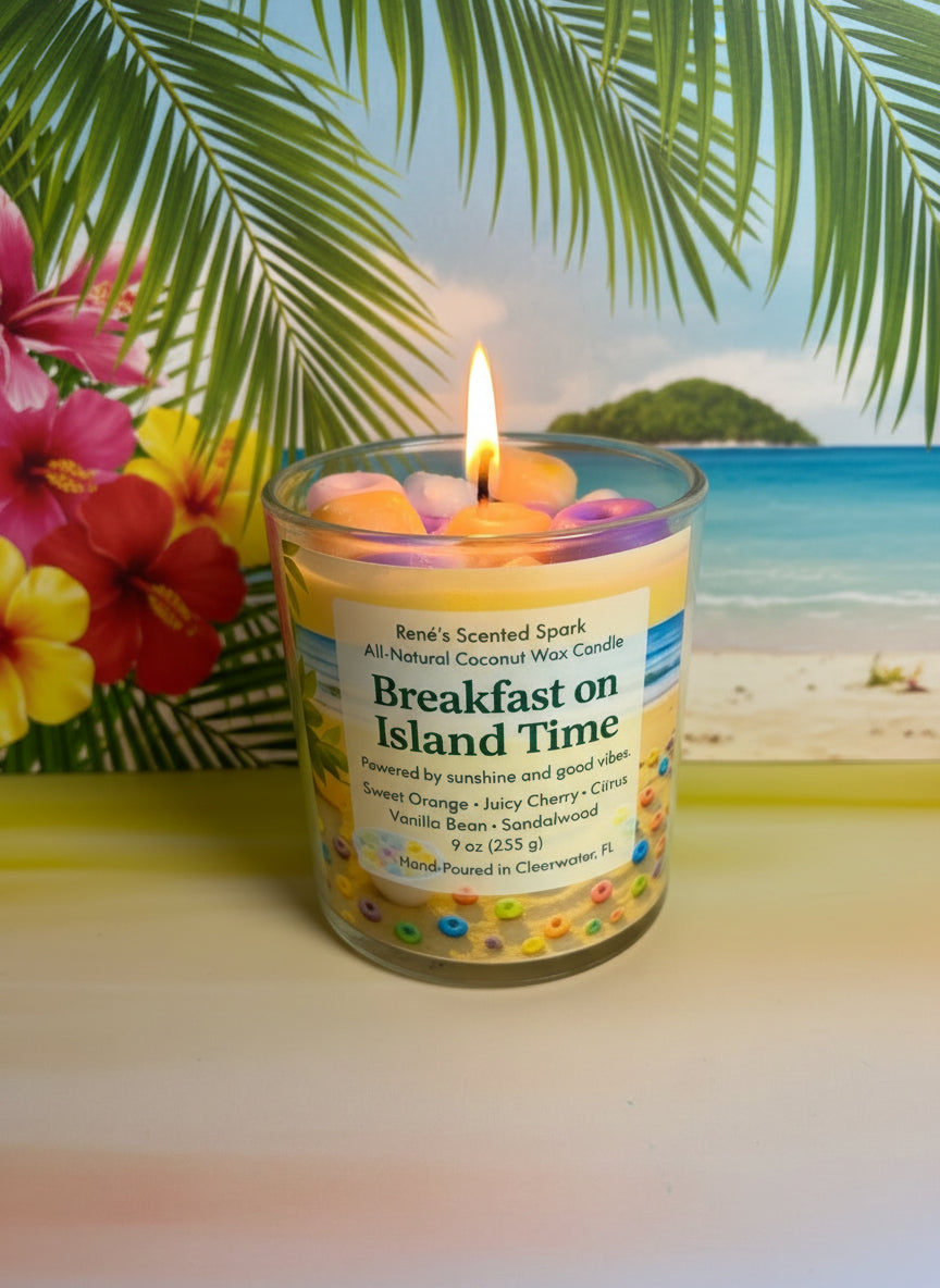 Breakfast on Island Time coconut wax candle with tropical label, lit wick, and colorful fruit-inspired details against a palm leaf background.
