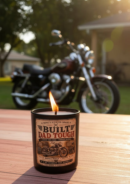Built Dad Tough sandalwood candle sitting outdoors on a wooden surface with a classic motorcycle softly visible in the background