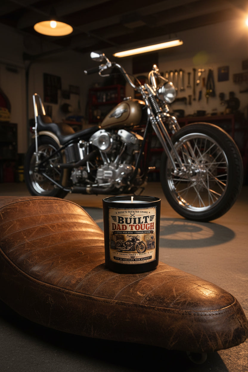 
Built Dad Tough sandalwood suede candle sitting on a leather motorcycle seat in a classic garage with a chopper in the background